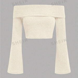 SHEIN White Off the Shoulder Cropped Sweater with Flare Sleeves, Size XL